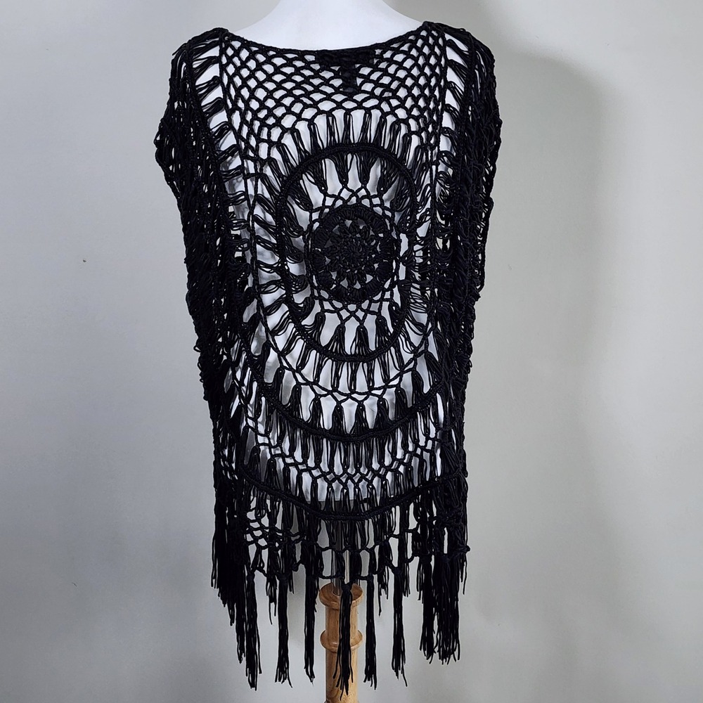 Crochet Fringe Poncho Top 1X 2X Black Open Knit Witchy Festival Whimsigoth Goth - Picture 4 of 12